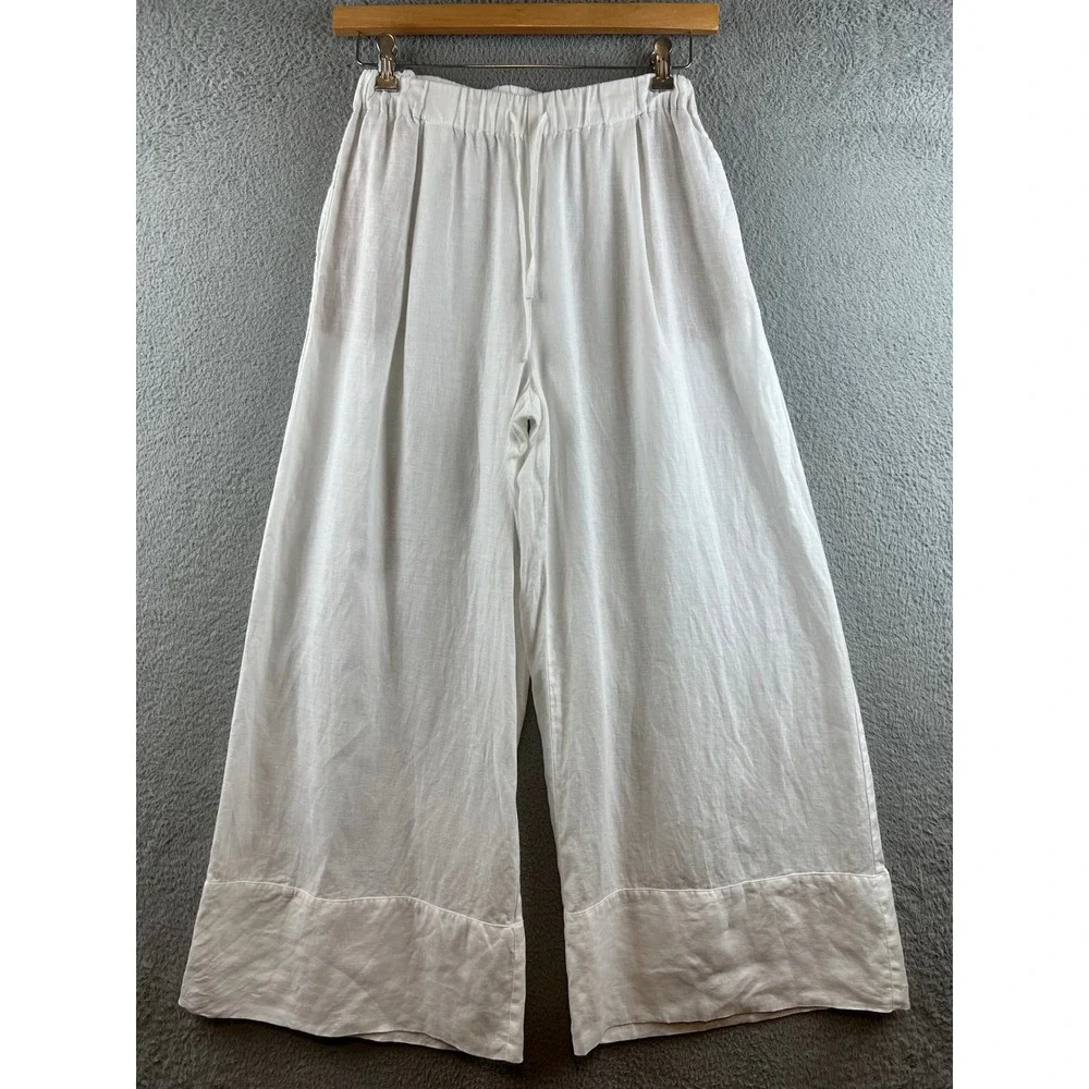 Zara Womens White Linen Wide Leg Drawstring Elastic Waist Crop Pants Pocketed S